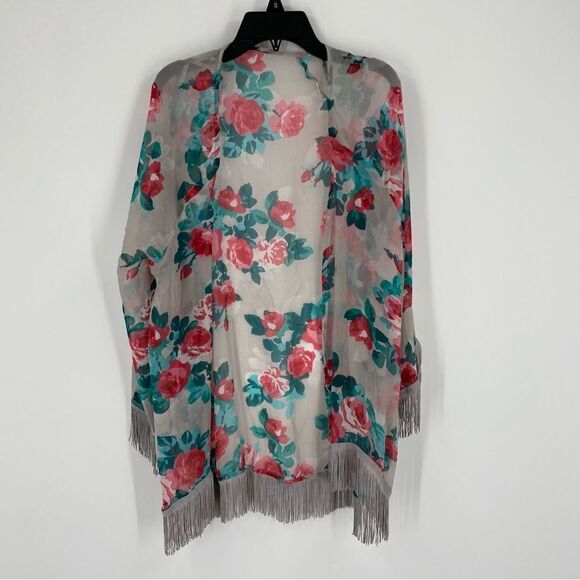 Jessica Simpson Women’s Open Front Fringe Sheer Floral Kimono Swim Cover size S - Picture 1 of 3